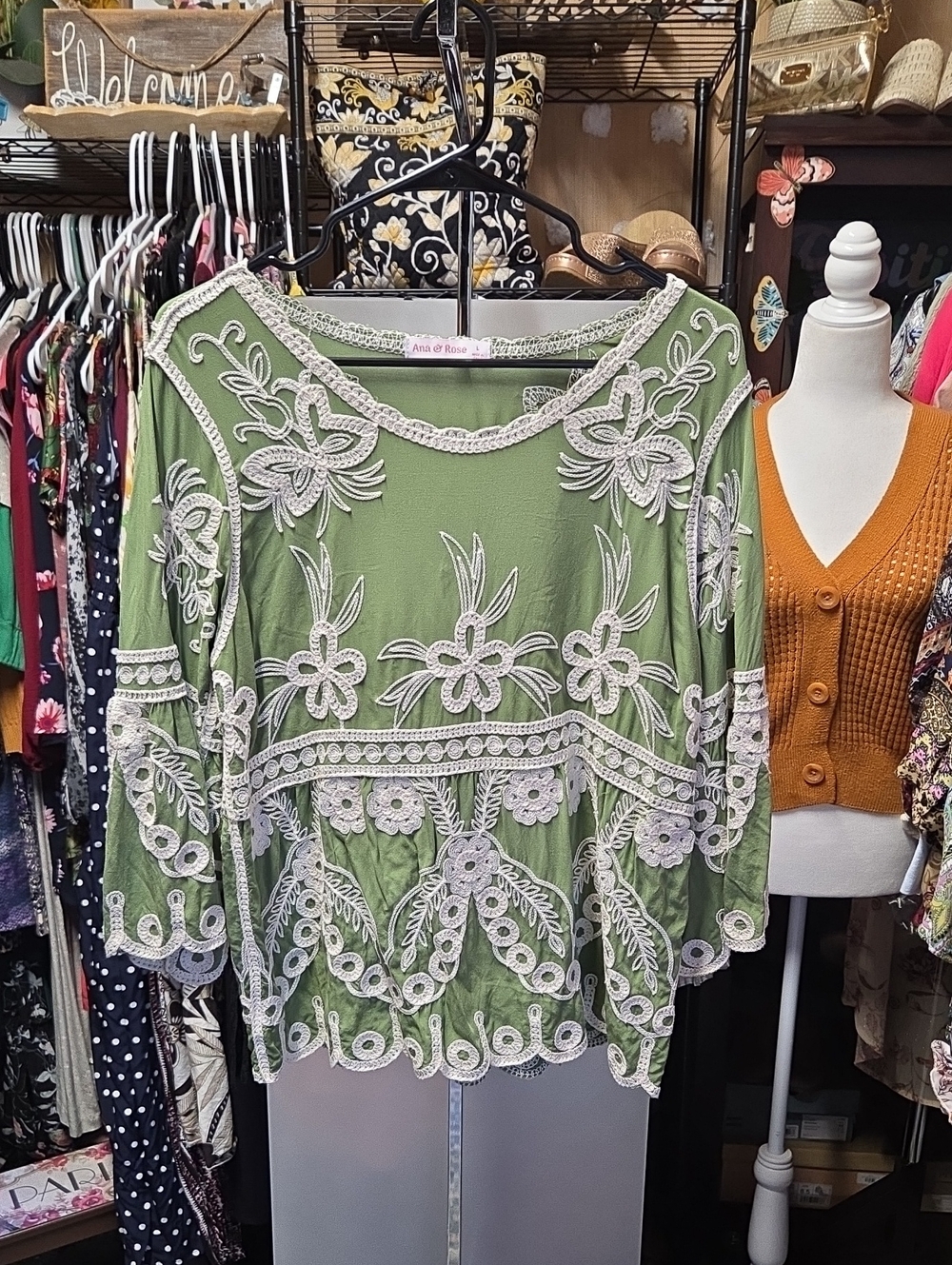 Ana & Rose Olive Green Floral Crochet-Trim Blouse